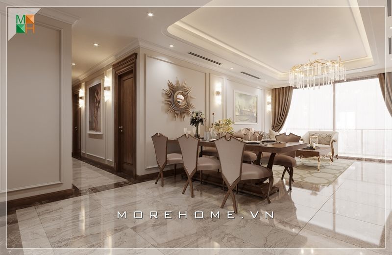 Gương mặt trời được treo thẳng trên bàn ăn trong không gian nội thất tân cổ điển là một sự hòa hợp hoàn hảo.