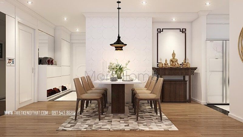 Nội thất phòng ăn chung cư được thiết kế với phong cách đơn giản, màu sắc nâu ấm áp góp phần tạo nên sự gần gũi và thân thiện.