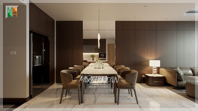 Phòng ăn được thiết kế theo phong cách hiện đại, cung cấp nhiều tiện nghi và tạo ra một không gian sang trọng và đẳng cấp.